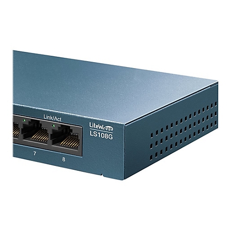 Vue latérale d'un switch réseau bleu. Étiqueté avec 'Link/Act', des ports et 'LiteWave LS108G'.