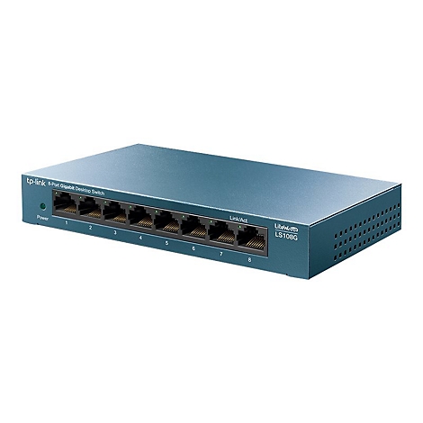 Switch TP-Link bleu à 8 ports. Texte : 8-Port Gigabit Desktop Switch. 8 ports réseau sont visibles en haut.