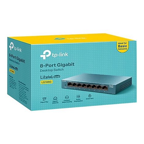 Un switch de bureau Gigabit 8 ports Tp-Link LS108G. Le routeur et son emballage sont présentés.