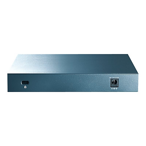 Un appareil réseau rectangulaire bleu foncé avec des ports et un connecteur d'alimentation.