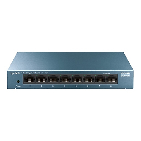 Blauer 8-Port Gigabit Desktop Switch von tp-link, Modell LS108G, mit Ports und LED-Anzeigen.
