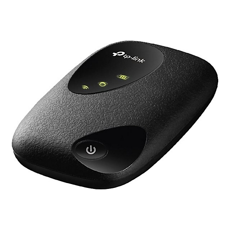Schwarzer mobiler WLAN-Router mit tp-link Logo und Power-Taste. Verschiedene Status-LEDs zeigen Konnektivität und Akku an.