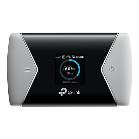 Schwarzer TP-Link-WLAN-Router. Auf Display: Datenverbrauch, 4G-Symbol, 80% Akku. Grau-weiÃŸe Umrandung.