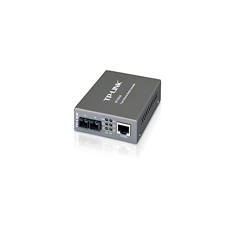 Grauer TP-Link Netzwerk-Medienkonverter, mit Anschlüssen und Kontrollleuchten, auf weißem Hintergrund.