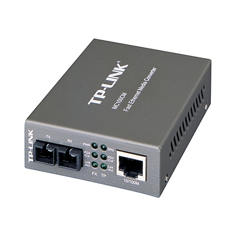 Grauer TP-Link Media Converter mit Beschriftung: TP-LINK, MC100CM, Fast Ethernet Media Converter. Anschlüsse und LEDs.