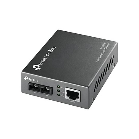 Schwarzer TP-Link Media Converter mit Glasfaser- und Ethernet-Anschlüssen auf weißem Hintergrund.