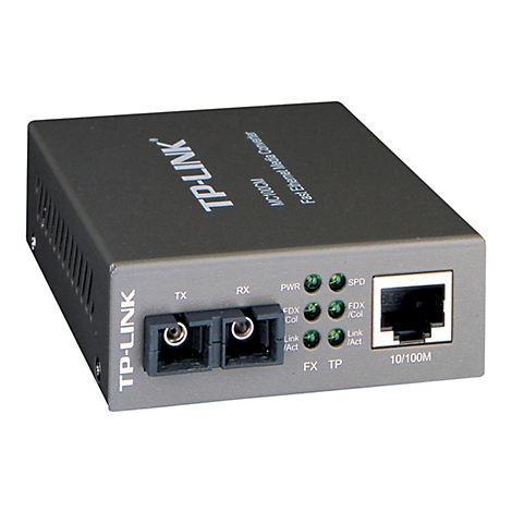 Schwarzer TP-Link Fast Ethernet Media Converter. Beschriftung: TP-Link, MC100CM, TX, RX, PWR, SPD, FDX/Col, Link/Act, FX TP, 10/100M.