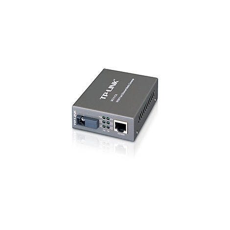 Grauer TP-Link MC100CS Konverter, links ein Anschluss, rechts ein Ethernet-Port und Kontrollleuchten.