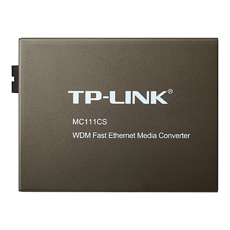 Ein quadratischer, brauner Medienkonverter mit weißem "TP-LINK" Logo und der Aufschrift "MC111CS WDM Fast Ethernet Media Converter".