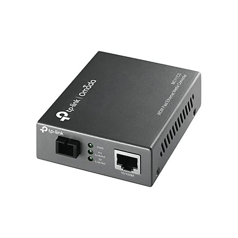 Ein grauer Netzwerk-Medienkonverter von tp-link. Mit Anschlüssen und Kontrollleuchten. Aufschrift: WDM Fast Ethernet Media Converter.