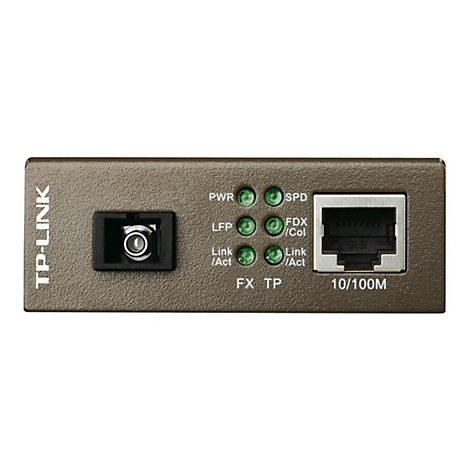 Nahaufnahme eines TP-Link Netzwerk-Konverters. Das graue Gerät hat Anschlüsse, Kontrollleuchten und Beschriftungen.