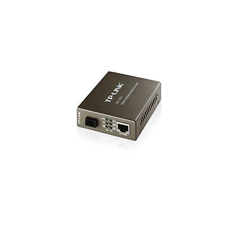 Ein grauer TP-LINK Medienkonverter mit Beschriftungen und Kontrollleuchten.