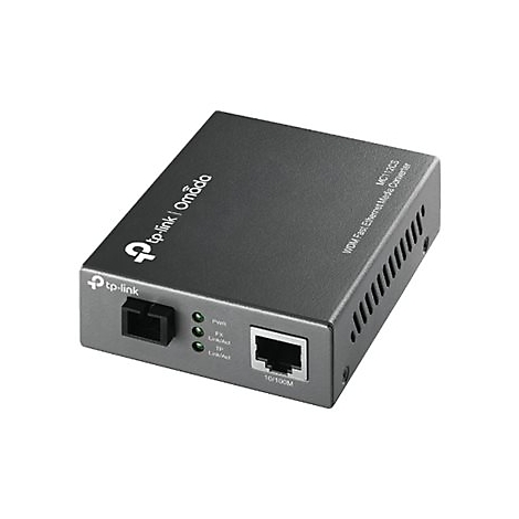 Schwarzer TP-Link Medienkonverter. Mit Anschlüssen und LEDs. Aufschrift: TP-Link Omada und MC112CS.
