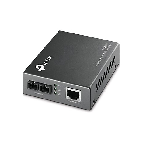 Schwarzer TP-Link Gigabit Ethernet Media Converter MC200CM. Mit Anschlüssen, Anzeigen und Aufschrift.