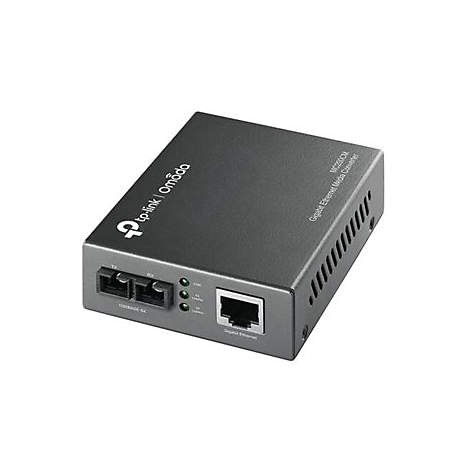 Ein schwarzer TP-Link Omada Gigabit Ethernet Media Converter, mit Anschlüssen und LEDs, auf weißem Hintergrund.