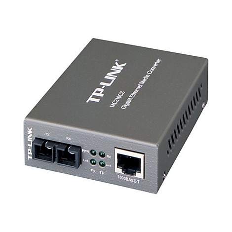 Grauer Netzwerk-Medienkonverter TP-Link MC210CS. Aufschrift: Gigabit Ethernet Media Converter.