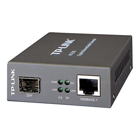 Grauer TP-Link Gigabit Ethernet Media Converter, SFP- und 1000BASE-T-Anschlüsse, Kontrollleuchten.