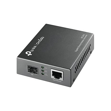 Grauer Gigabit Ethernet Media Konverter mit Anschlüssen für Datenkabel. Der Konverter hat das tp-link und Omada Logo.