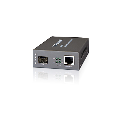 Grauer TP-Link Netzwerkadapter mit Anschlüssen für SFP und Ethernet, daneben LEDs.
