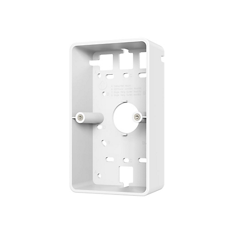 Weißer Kunststoffrahmen mit verschiedenen Öffnungen. Beschriftungen und ein zylindrischer Anbau.