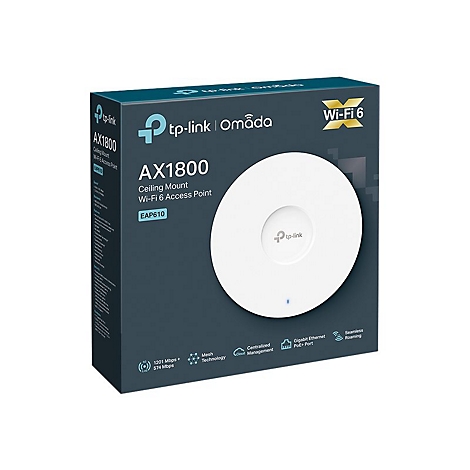 Produktverpackung eines weißen TP-Link Omada AX1800 Wi-Fi 6 Access Points.