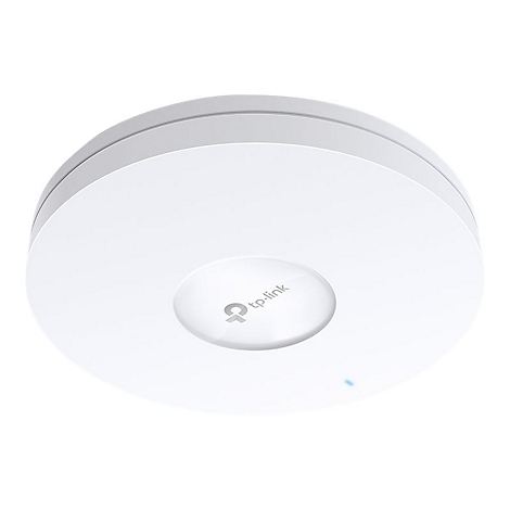 Runder, weißer Access Point von TP-Link. Unten blaues Licht, Mitte Logo. Das Gerät ist leicht erhöht.