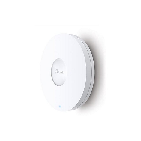 Runder, weißer WLAN-Router an einer Wand, mit Logo 'tp-link'.