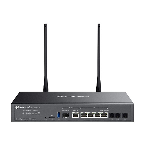 Schwarzer Router mit zwei Antennen. Beschriftung: tp-link Omada, Anschlüsse, Symbole. Ideal für Netzwerke.