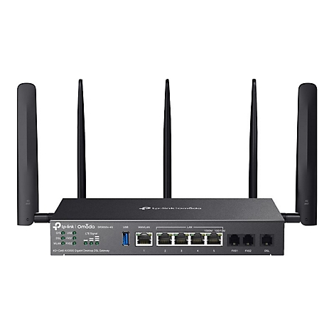 Schwarzer Router mit fünf Antennen und Anschlüssen. Aufschrift: Tp-Link Omada DR3650-4G.