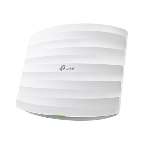 Weißes, rundes TP-Link Gerät mit gerillter Oberfläche, grünem Leuchtpunkt und Logo.