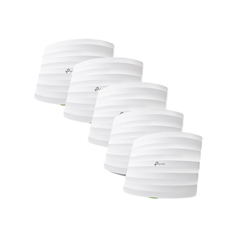 Fünf weiße WLAN-Access-Points, leicht versetzt angeordnet. Auf jedem Gerät ist das tp-link Logo zu sehen.