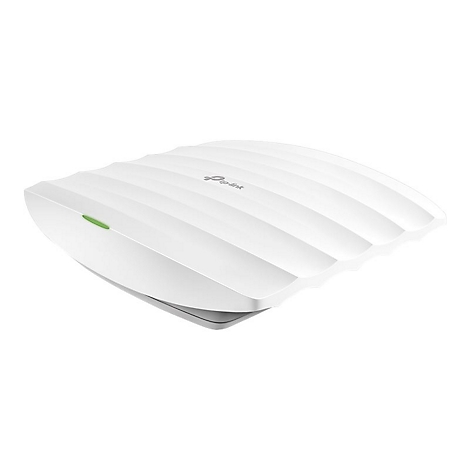 Weißes WLAN-Gerät von TP-Link. Oberseite geriffelt mit grüner LED. TP-Link Logo. Leichte Schatten.