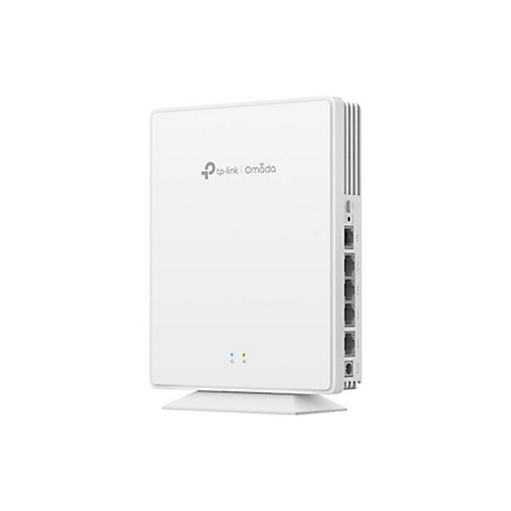 Weißes TP-Link Omada Netzwerkgerät. Mit Anschlüssen und LED-Anzeigen, stehend auf einem Sockel.