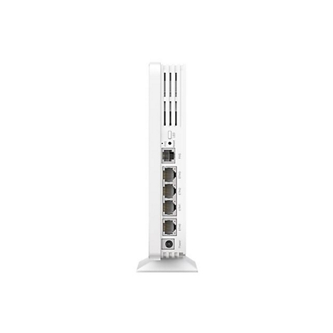 Ein weißer Router, von der Seite gezeigt, mit Anschlüssen und Lüftungsschlitzen. Beschriftet mit 'Power', 'ETH0' bis 'ETH3'.