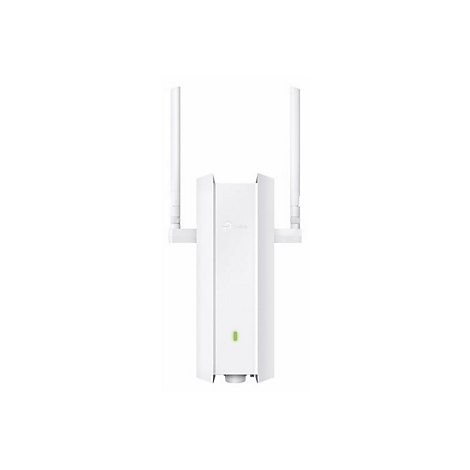 Weißer WLAN-Router mit zwei Antennen, grüner LED auf weißem Hintergrund.