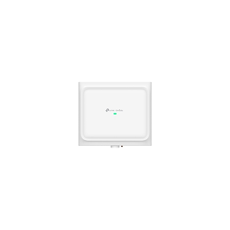 Un point d'accès carré blanc avec un voyant lumineux vert. Le logo TP-Link Omada est placé au centre.