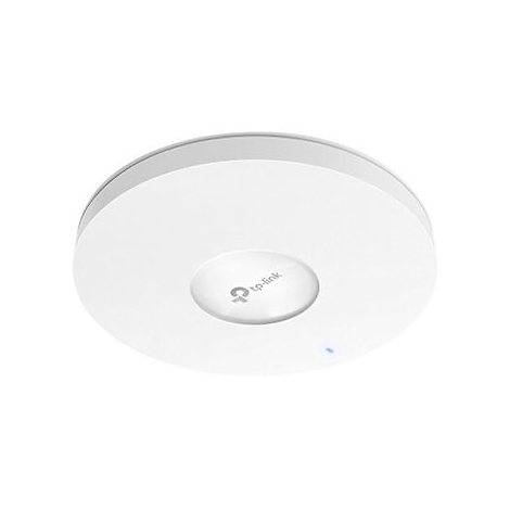 Ein weißer, runder Access Point von TP-Link. Oben und unten abgerundete Form, in der Mitte das TP-Link-Logo und eine blaue LED.
