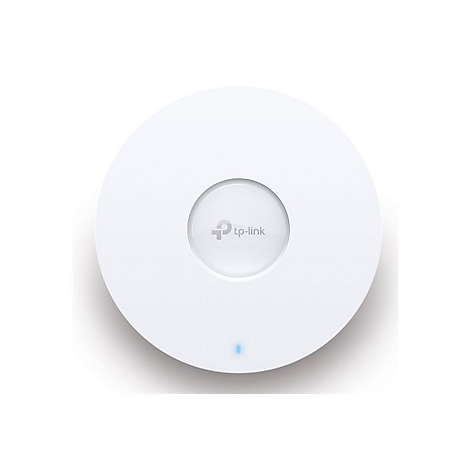 Ein weißer, runder Access Point. Zentral das TP-Link-Logo, darunter eine blaue LED.