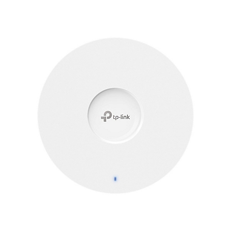 Rundes, weißes TP-Link Gerät. Zentrales Logo und ein kleines blaues Licht.