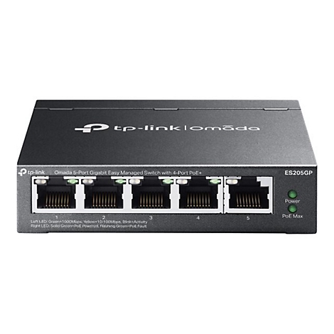 Schwarzer Netzwerk-Switch von TP-Link, mit 5 Ports und LEDs. Beschriftung: Omada, ES205GP, Power und PoE Max.
