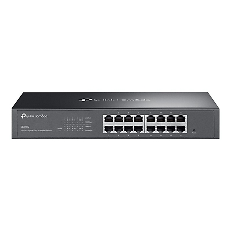 Commutateur réseau noir à 16 ports de TP-Link Omada. Étiquetée: ES216G, Commutateur géré facile Gigabit à 16 ports.