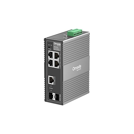 Ein grauer Netzwerk-Switch, mit Anschlüssen und der Aufschrift Omada.