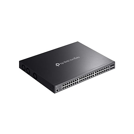 Schwarzer Netzwerk-Switch von tp-link omada. Viele Anschlüsse, Logo und Bezeichnung auf der Oberseite.