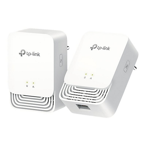 Zwei weiÃŸe TP-Link Powerline Adapter nebeneinander. Auf beiden GerÃ¤ten ist das Logo von TP-Link zu sehen. Die GerÃ¤te haben Leuchten und ein Ethernet-Anschluss.
