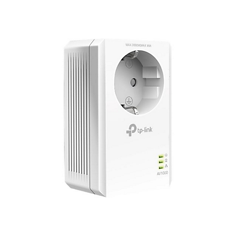 Weißer TP-Link-Adapter mit Eurostecker. Oben steht "MAX. 3680W/MAX 16A". Unten steht "AV1000" und drei grüne Lichter.