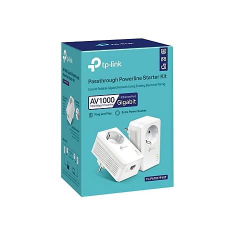 Hellblauer Karton mit zwei weißen Netzwerkadaptern. Aufschrift: 'tp-link Passthrough Powerline Starter Kit'.