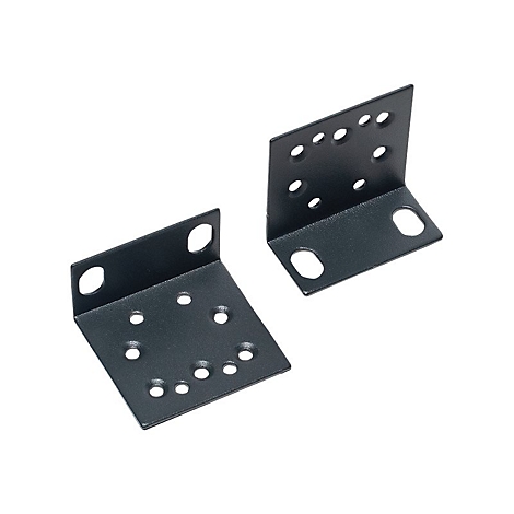 Zwei schwarze Winkelhalter aus Metall mit mehreren Löchern.