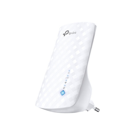 Ein weißer WLAN-Repeater von TP-Link mit LED-Anzeigen, die auf weißem Hintergrund leuchten.