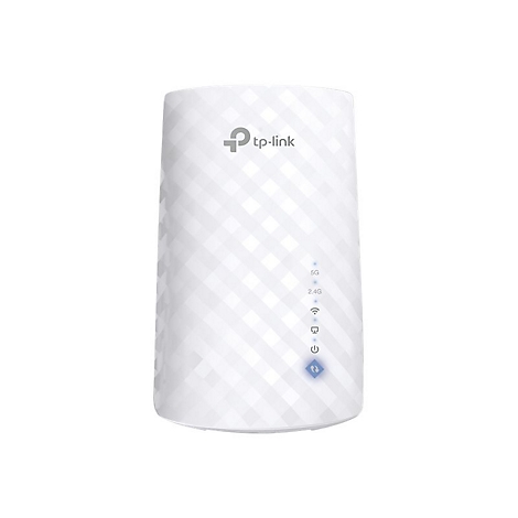 Weißer TP-Link WLAN-Repeater mit Logo und Indikatorleuchten. Auf weißem Hintergrund. Die Oberfläche hat ein gepunktetes Muster.
