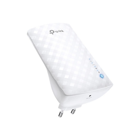 Ein weißer TP-Link-WLAN-Repeater. Auf der Oberseite befinden sich LED-Anzeigen für 5G, 2.4G und eine blaue Betriebsanzeige.